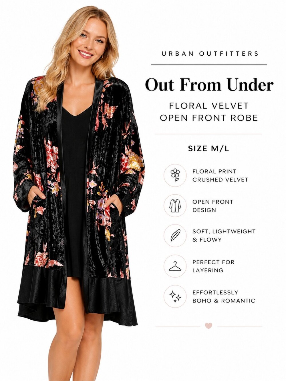 Urban Outfitters Out From Under Floral Velvet Open Front Robe Duster M/L